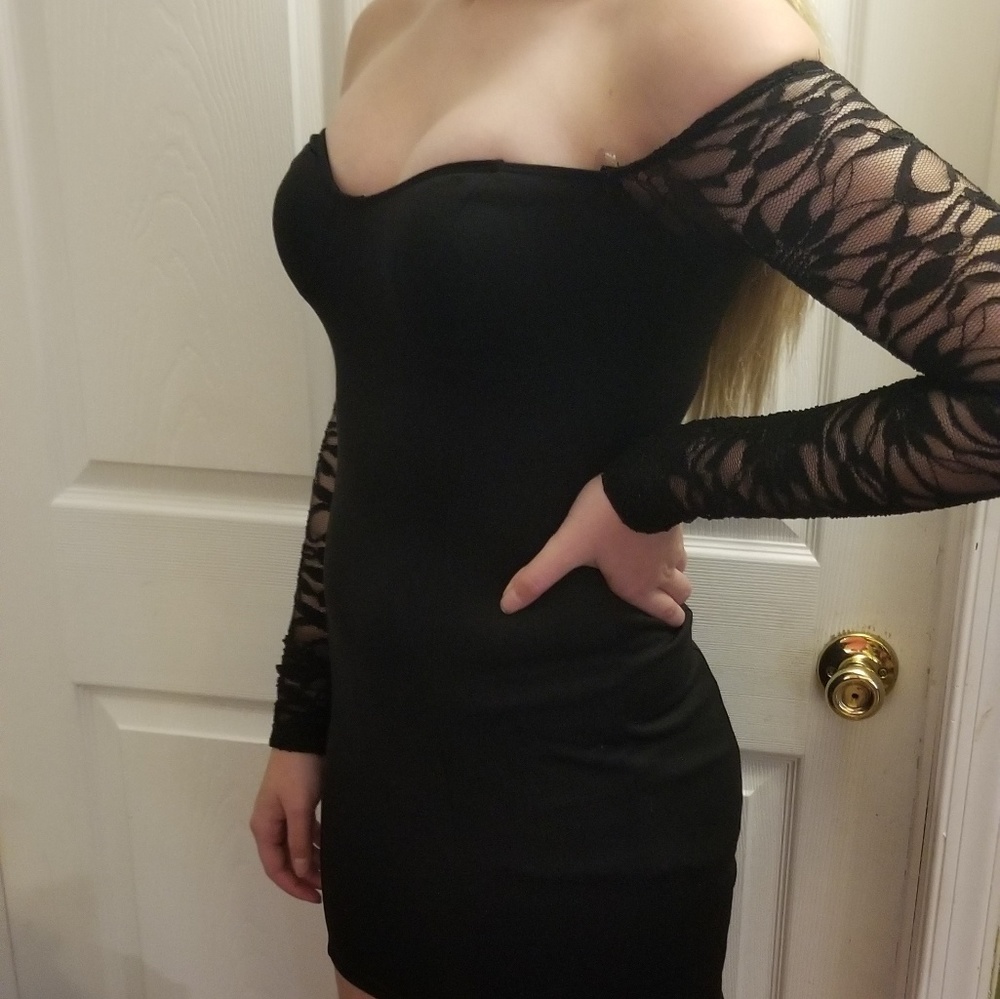 Solemio Black Lace Sleeve Homecoming Dress